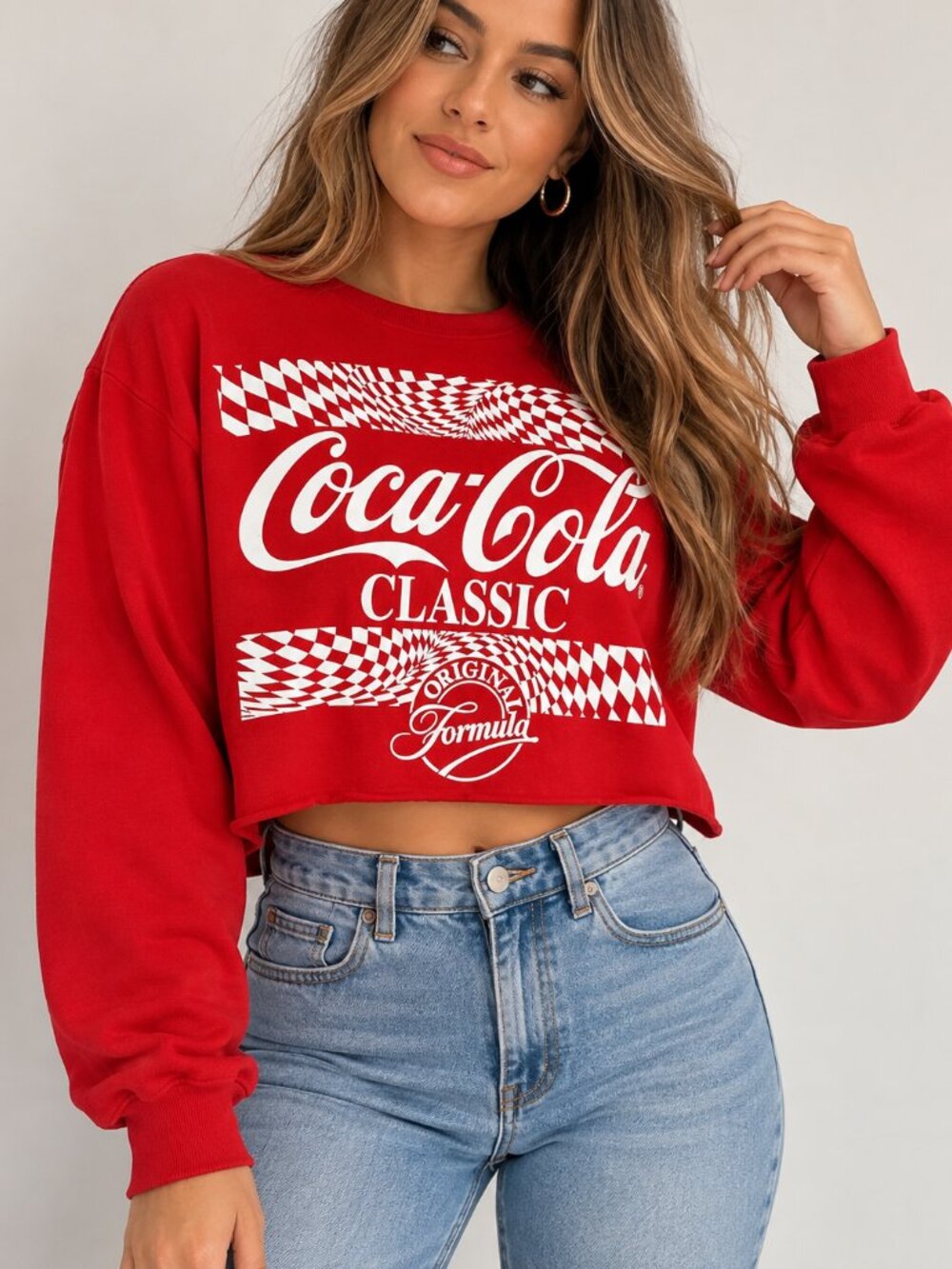 Coca-Cola Classic Cropped Sweatshirt Red Graphic Long Sleeve Size L